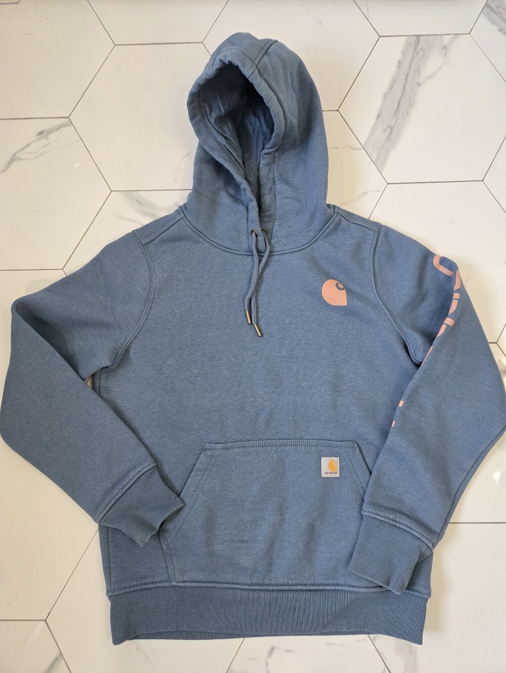 Carhartt Women’s Slate Blue Crewneck Hoodie with Pink Logo